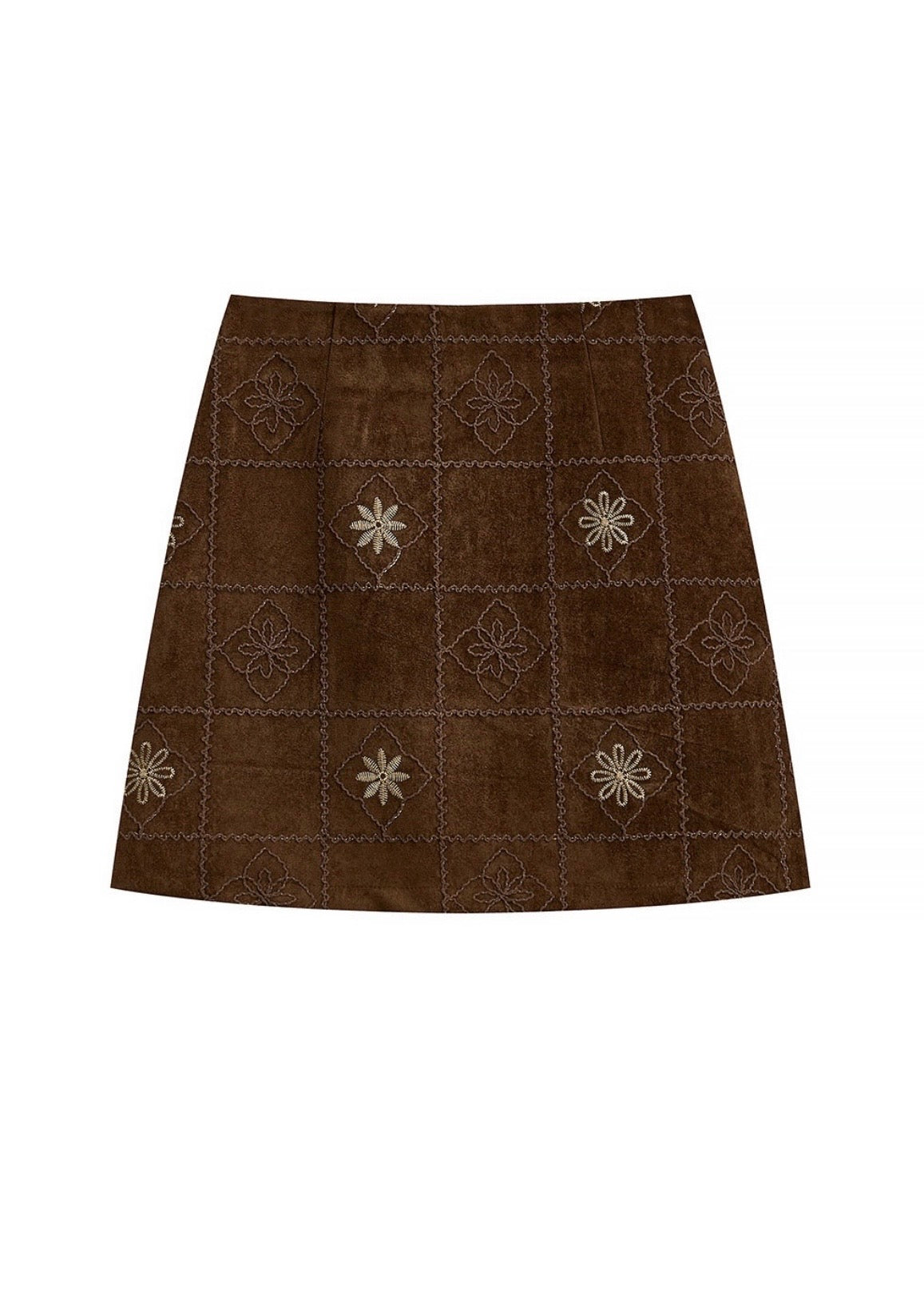 Brown Embroidered Suede A-Line Mini Skirt