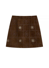 Brown Embroidered Suede A-Line Mini Skirt