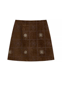 Brown Embroidered Suede A-Line Mini Skirt