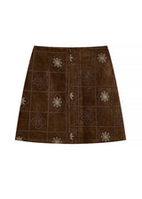 Brown Embroidered Suede A-Line Mini Skirt