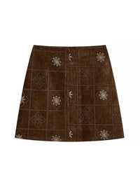 Brown Embroidered Suede A-Line Mini Skirt