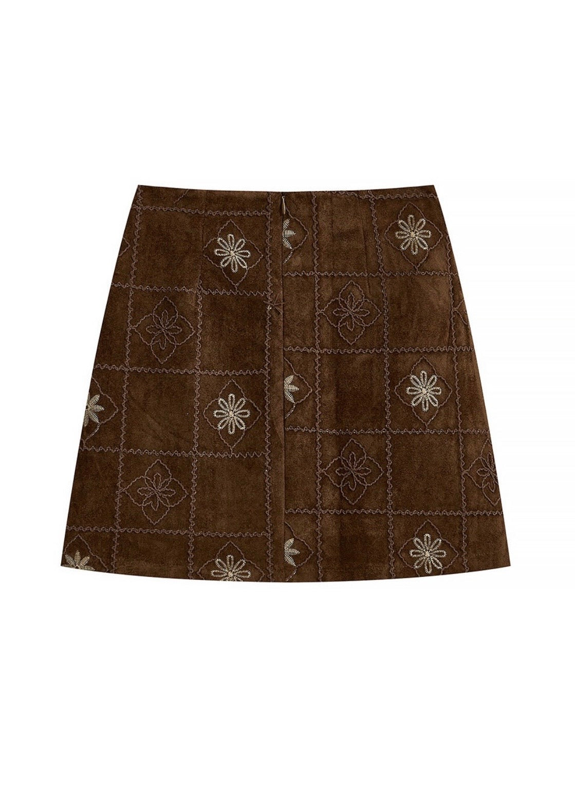 Brown Embroidered Suede A-Line Mini Skirt