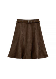 Brown Suede A-Line Midi Skirt with Belt