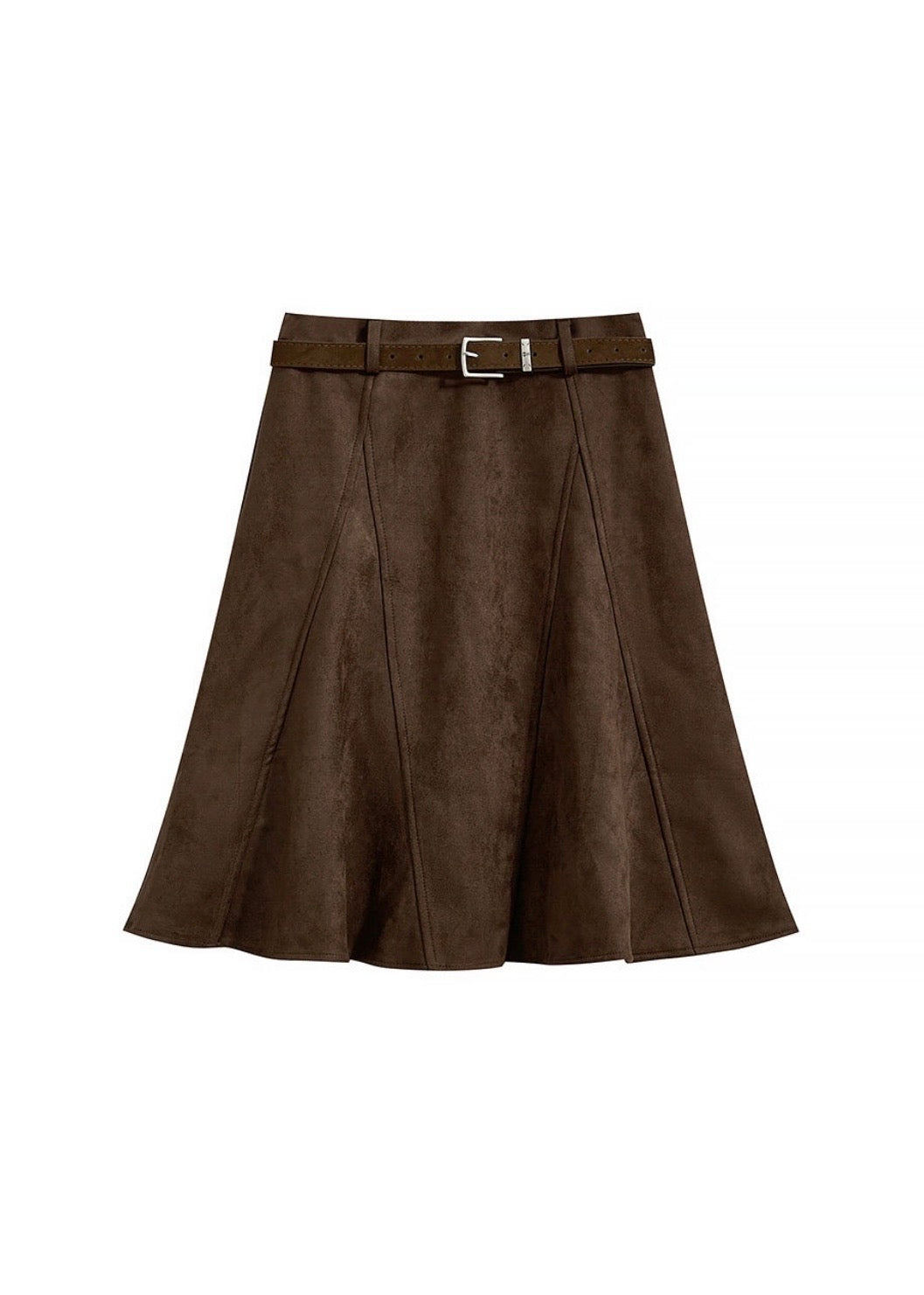 Brown Suede A-Line Midi Skirt with Belt