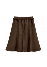 Brown Suede A-Line Midi Skirt with Belt