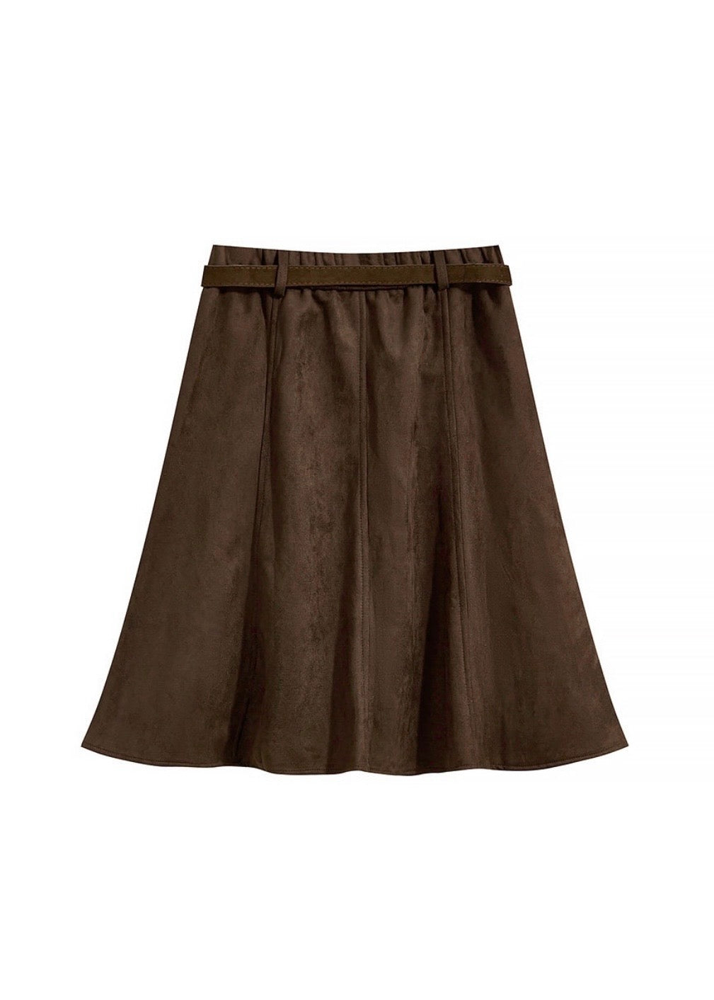Brown Suede A-Line Midi Skirt with Belt