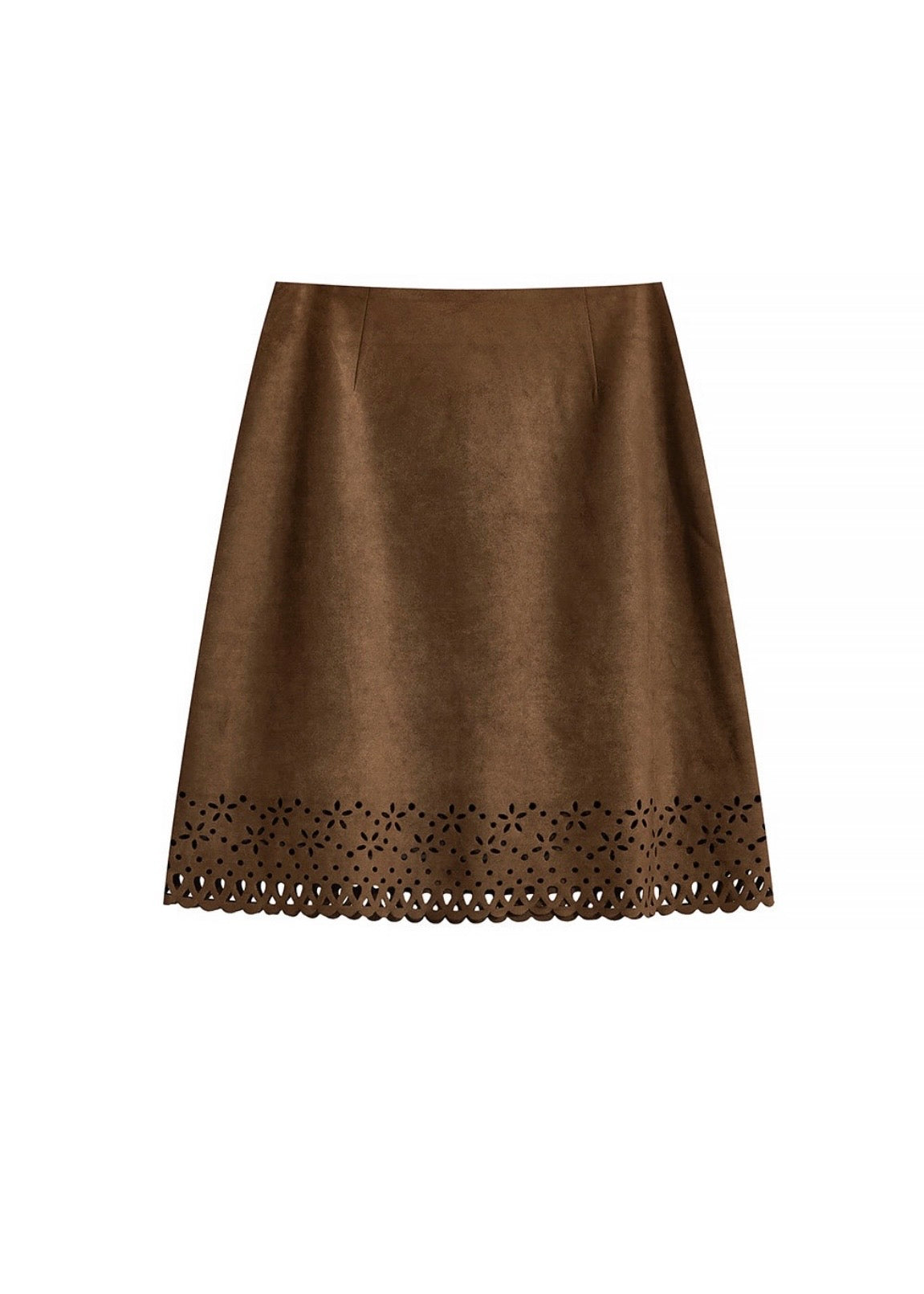 Brown Suede Laser Cut A-Line Mini Skirt