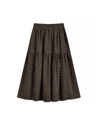 Brown Floral Tiered A-Line Long Skirt