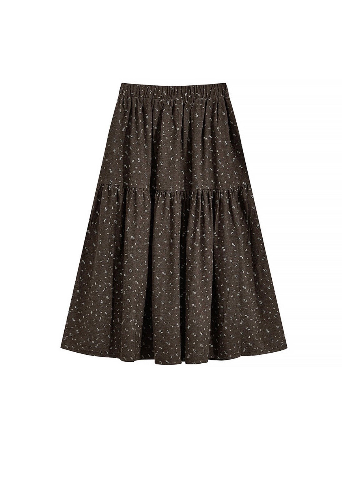 Brown Floral Tiered A-Line Long Skirt