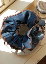 Coffee Denim Vintage Ruffle Scrunchie