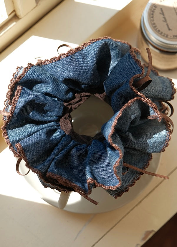 Coffee Denim Vintage Ruffle Scrunchie