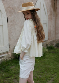 Light Yellow Ribbon Pin-tuck Romantic Vintage Blouse