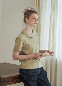 Morning Collar Knit Top Soft Vintage Short Sleeve Tee(2COLOR)