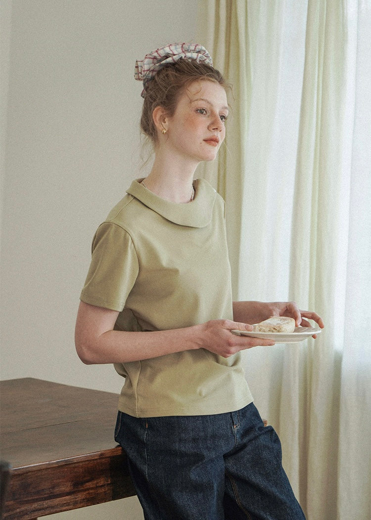 Morning Collar Knit Top Soft Vintage Short Sleeve Tee(2COLOR)