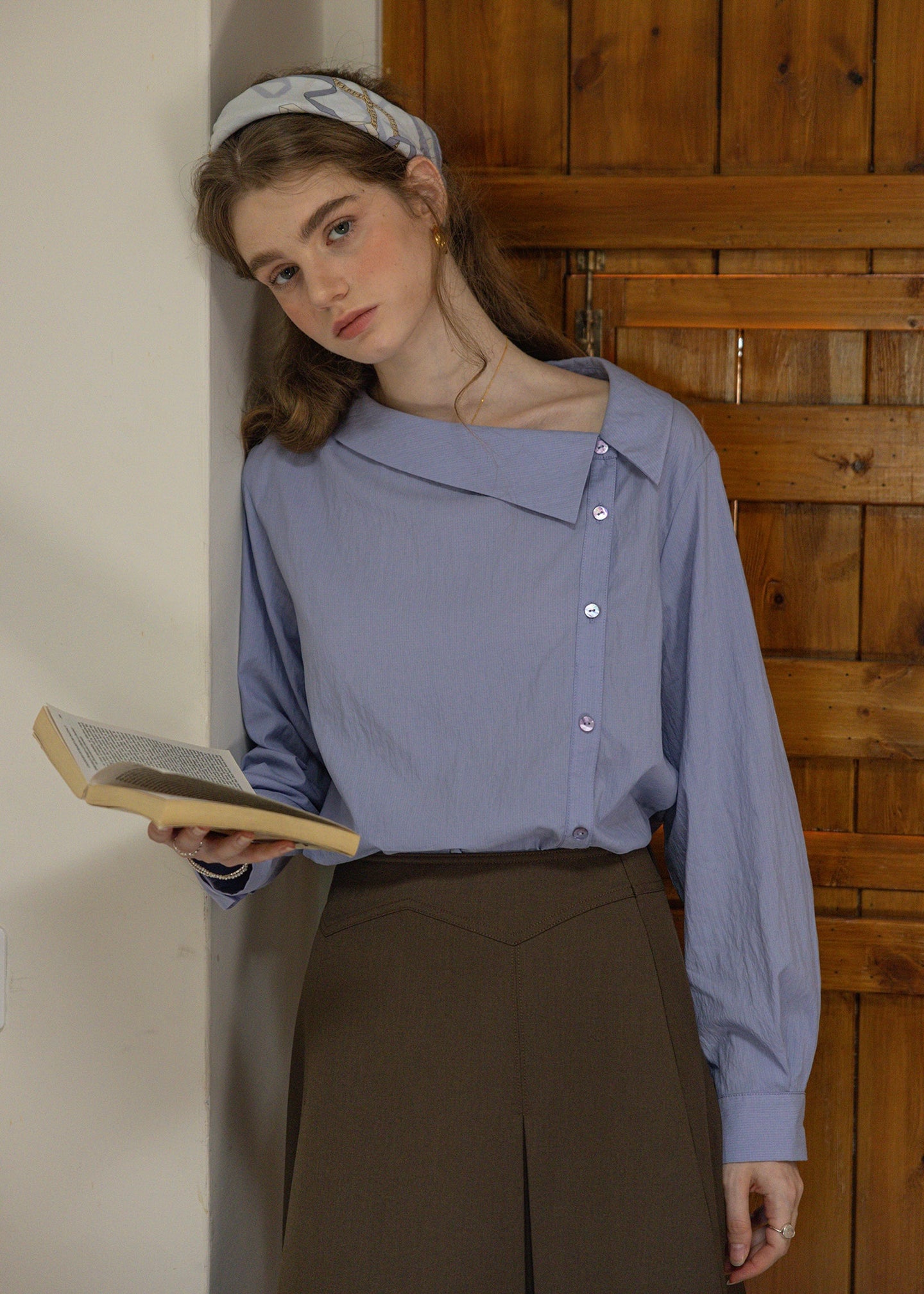 Asymmetric Collar Modern Vintage Button Blouse(2COLOR)