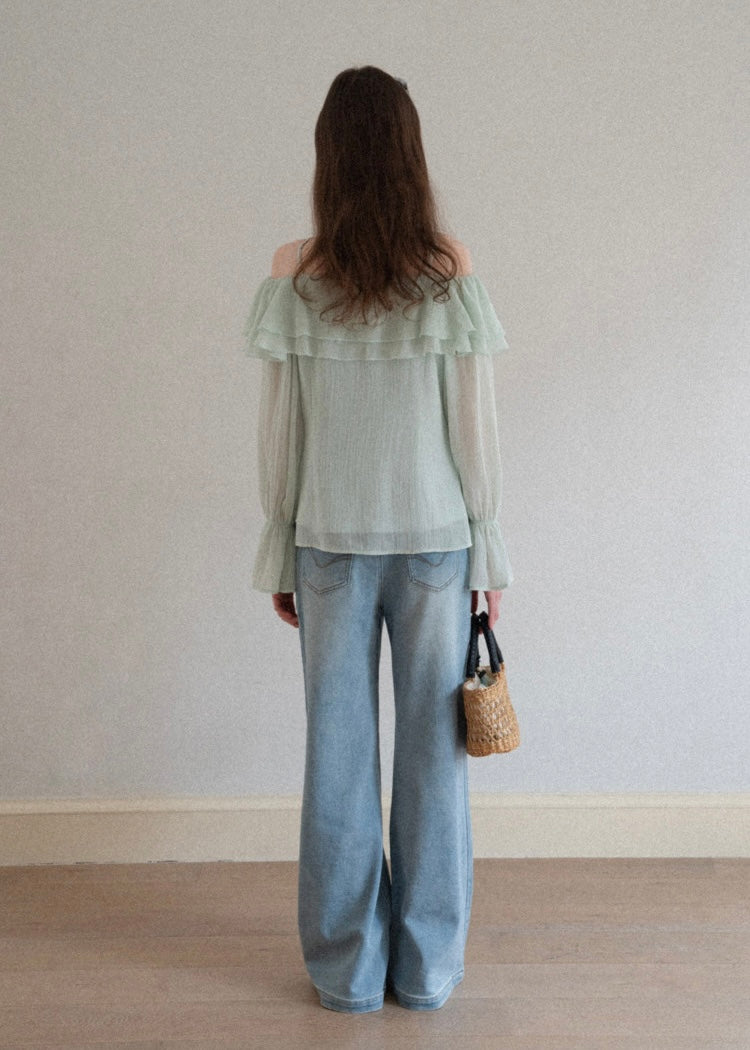 Lumière Mint Off-Shoulder Ruffle Blouse