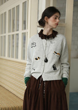 Little Friends Embroidery Knit Wool Cardigan(2COLOR)