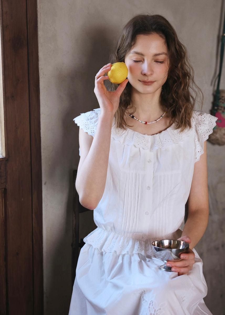 Lucie Ruffle Lace Blouse | Vintage White Cotton Summer Top