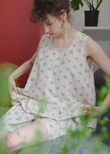 Cream Petaline Cotton Pajama Set Floral Lace Trim Layered Lounge Set