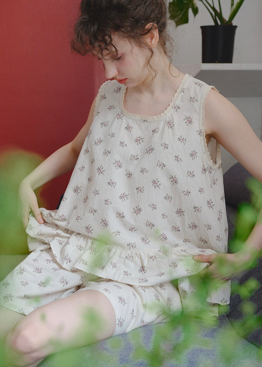 Cream Petaline Cotton Pajama Set Floral Lace Trim Layered Lounge Set