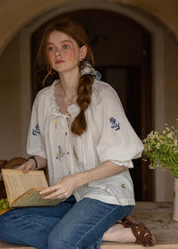 Meadow Poem Embroidered Blouse | Romantic Cotton Round Neck Shirt(2COLOR)