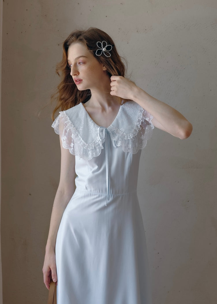 Blue Lullaby Vintage Lace Collar Sleeveless Summer Dress