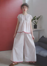 Soft Rouge Cotton Pajama Set Floral Loose Cape Top Long Lounge Set
