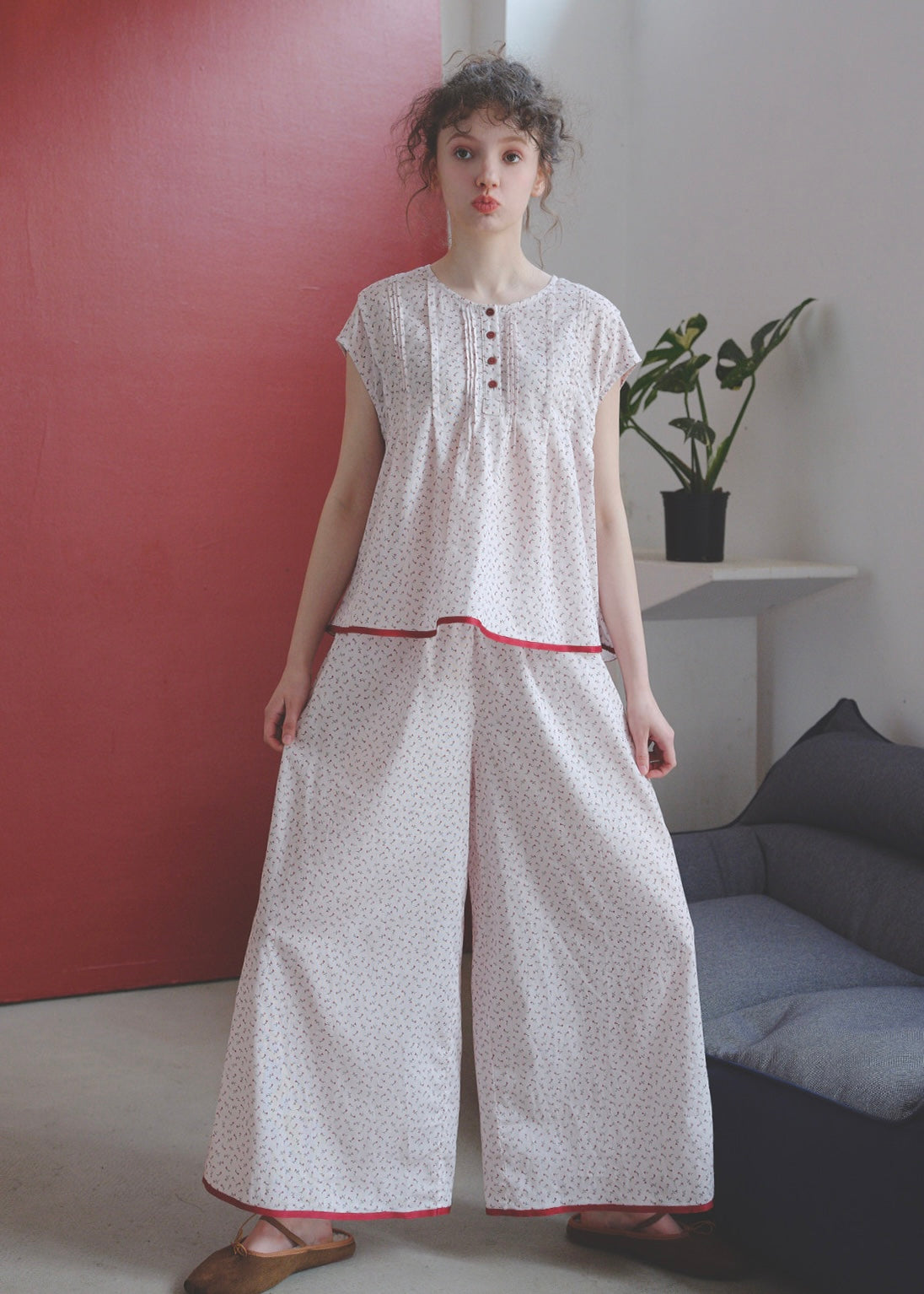 Soft Rouge Cotton Pajama Set Floral Loose Cape Top Long Lounge Set