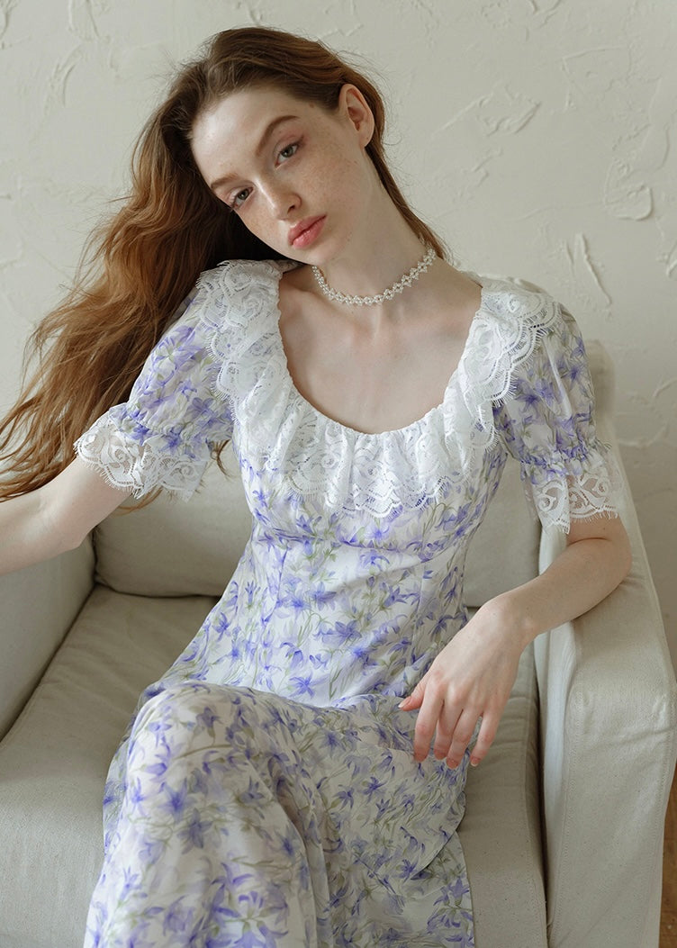 Lavender Lace Waltz Dress | Vintage Floral Puff Sleeve Dress