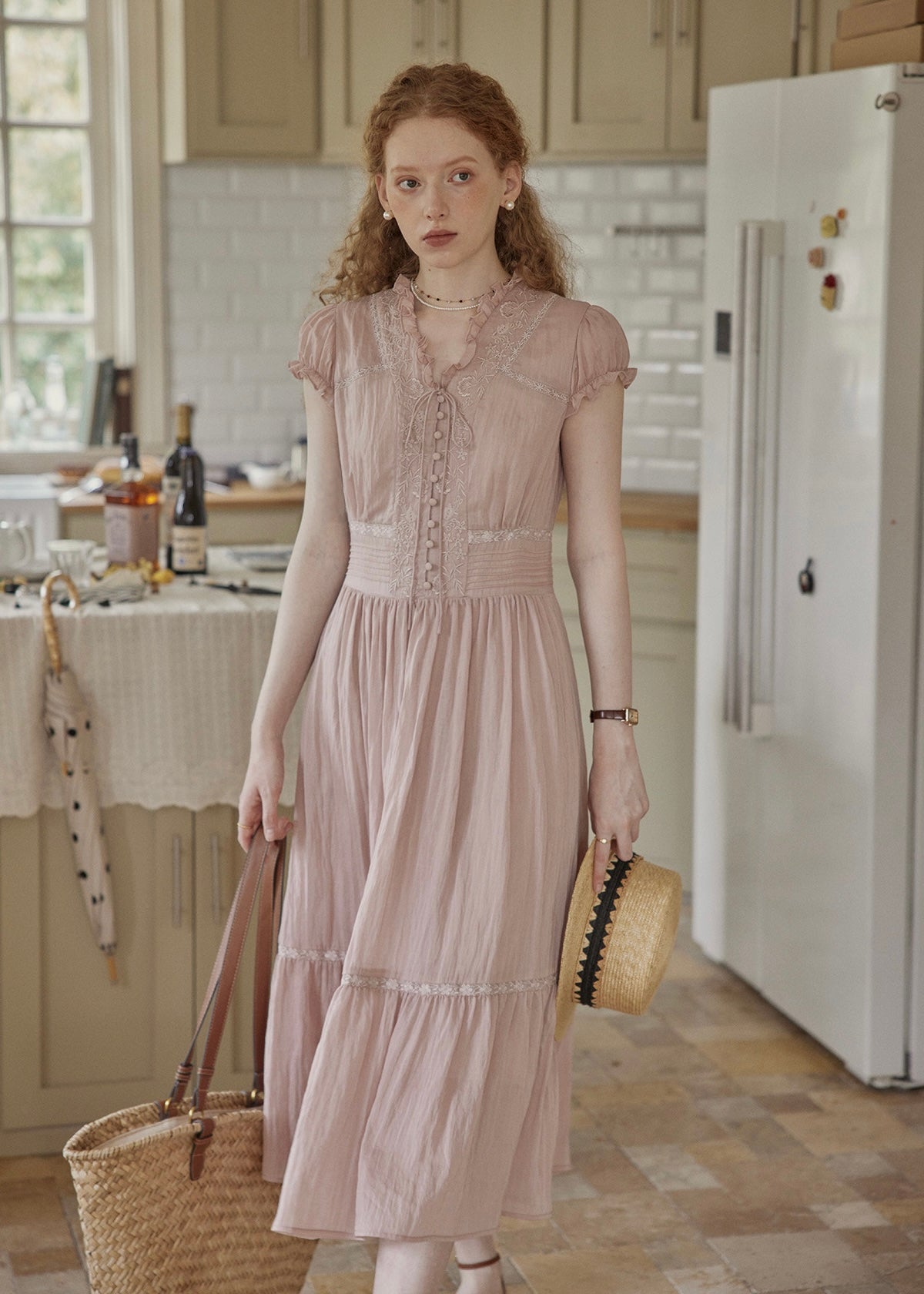 Blush Pink Lace Vintage Short Sleeve Summer Dress