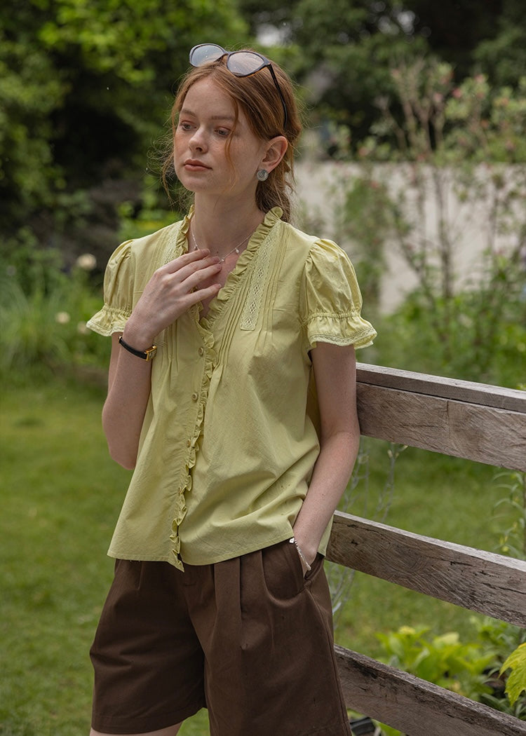 Sunday Picnic Blouse | Lace Trim Puff Sleeve Vintage Top(2COLOR)