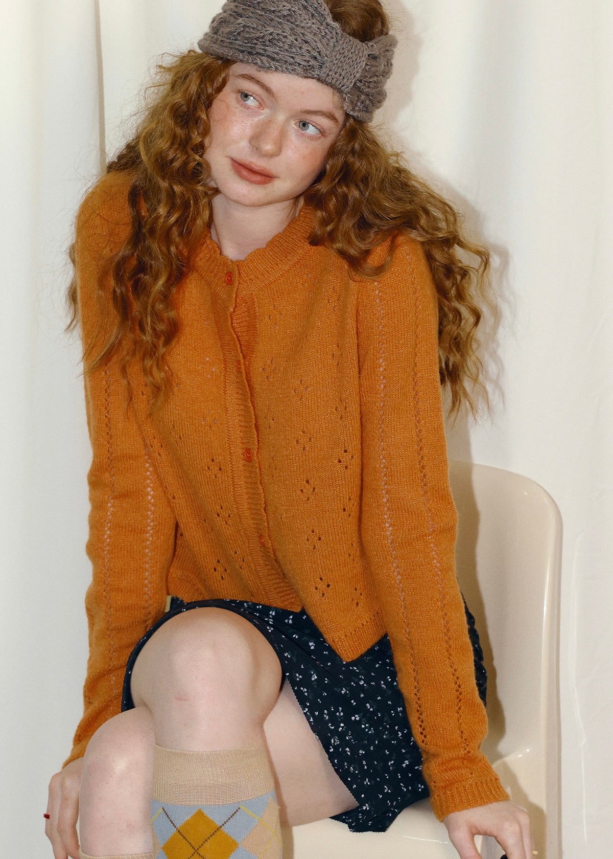 Vintage Pointelle Button-Up Knit Cardigan(2COLOR)