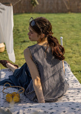 Lemon Noon Check Vest Top | Linen Cotton Sleeveless V-Neck Shirt(2COLOR)