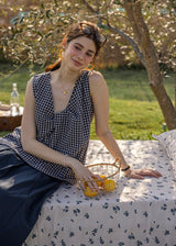 Lemon Noon Check Vest Top | Linen Cotton Sleeveless V-Neck Shirt(2COLOR)