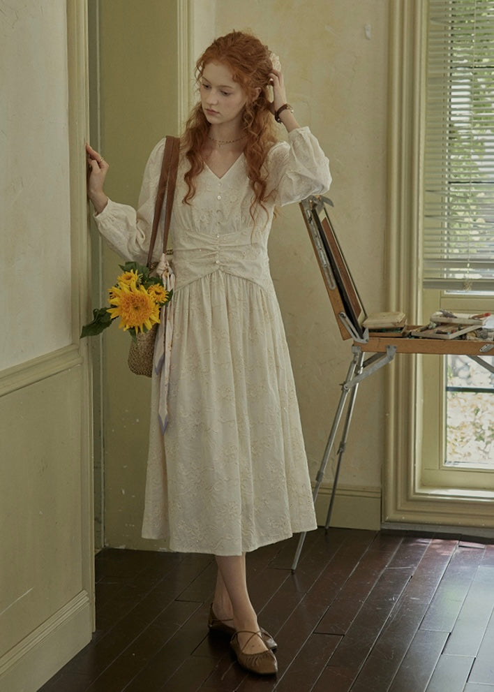 Cream Beige Vintage Ruched Waist Embroidered Dress