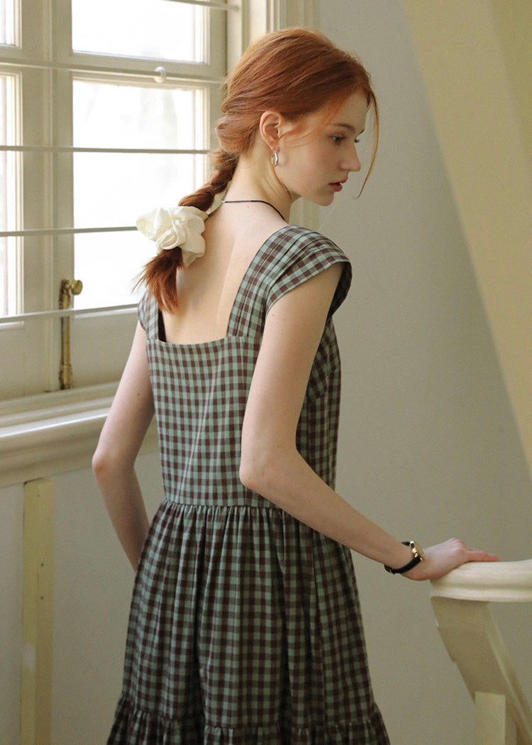 Mellow Check Tiered Dress | Vintage Green Gingham Sleeveless Long Dress