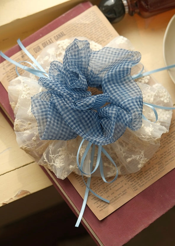 Blue Gingham Lace Vintage Hair Scrunchie