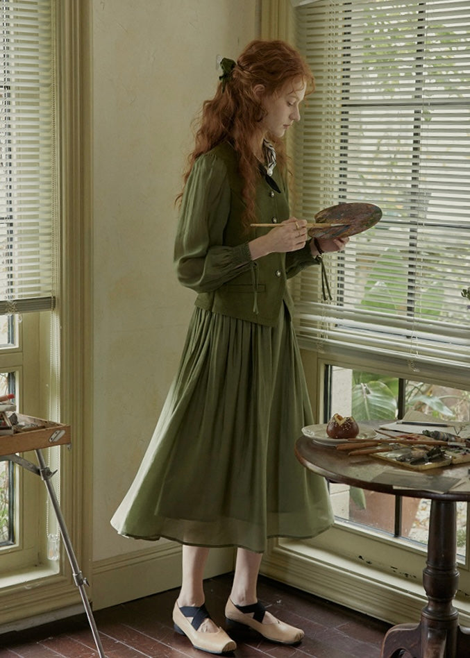 Olive Charm Vintage High Waist Two-Piece Dress