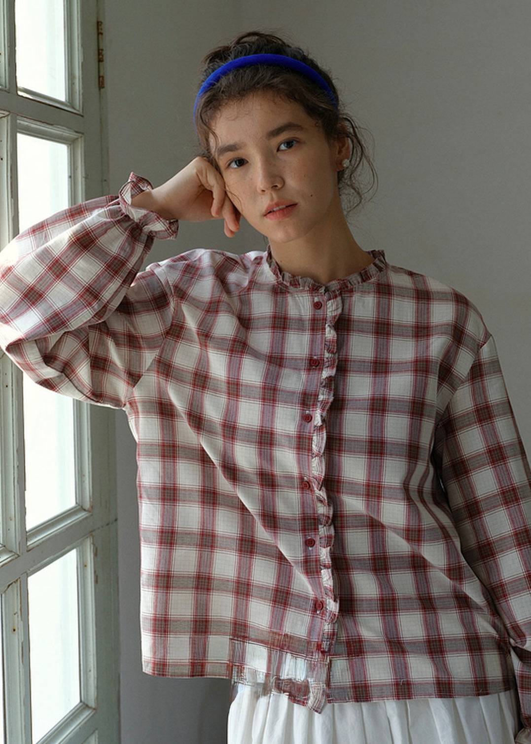 Vintage Plaid Ruffle Collar Lantern Sleeve Blouse