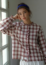 Vintage Plaid Ruffle Collar Lantern Sleeve Blouse