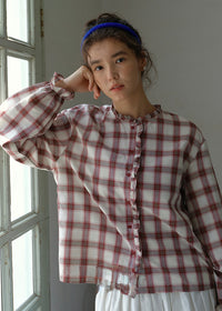 Vintage Plaid Ruffle Collar Lantern Sleeve Blouse