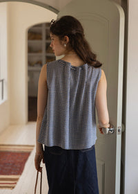 Blue Gingham Ribbon Tie Sleeveless A-Line Top