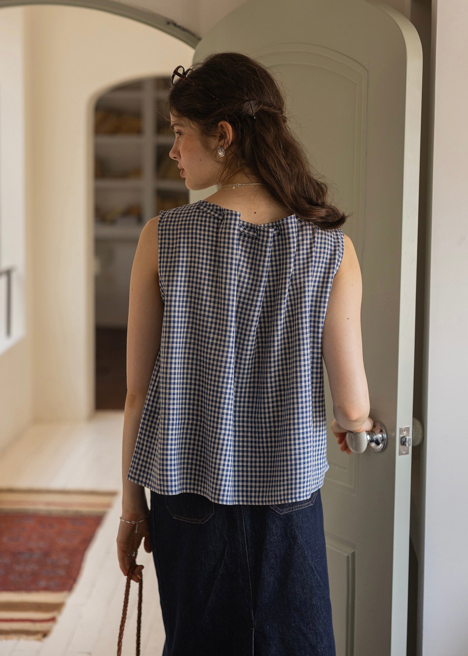 Blue Gingham Ribbon Tie Sleeveless A-Line Top