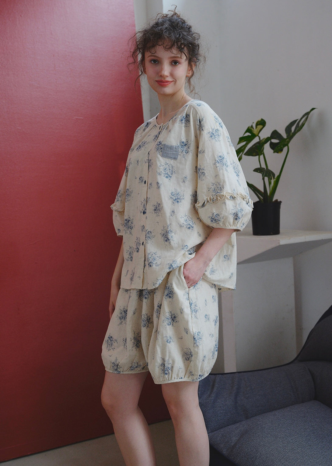 Blue Breeze Cotton Gauze Pajama Set Floral Loose Fit Summer Homewear