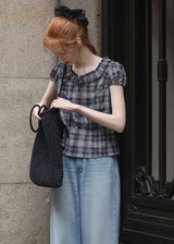 Vienna Plaid Ruffle Blouse | Vintage Puff Sleeve Check Top