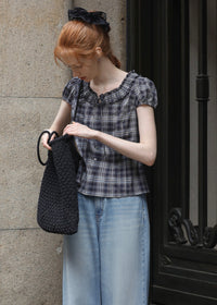 Vienna Plaid Ruffle Blouse | Vintage Puff Sleeve Check Top