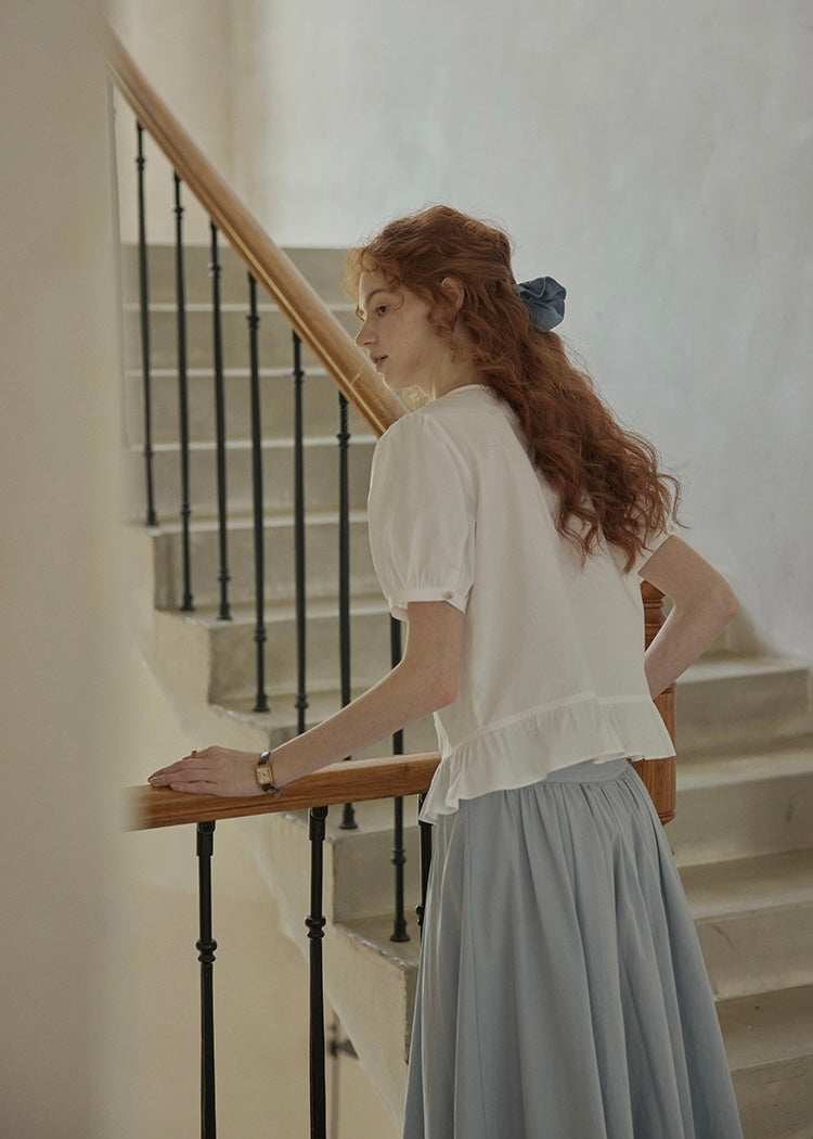 Classic Puff Sleeve Ruffle Button Blouse