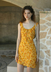 Golden Meadow Floral Ribbon Mini Dress