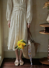 Cream Beige Vintage Ruched Waist Embroidered Dress