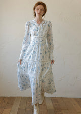 Blue Garden Vintage Floral Long Sleeve Dress